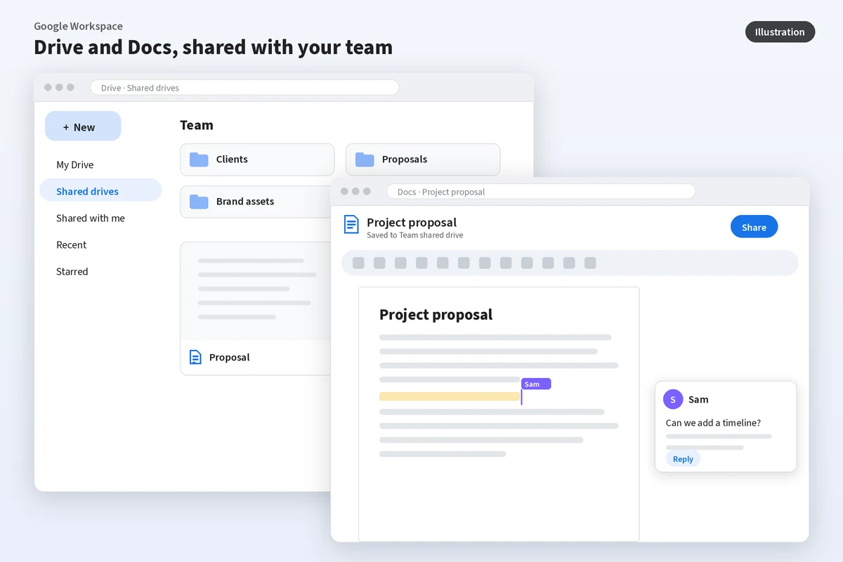 Illustration of Google Drive shared folders and a Google Docs-style document with a teammate's comment.