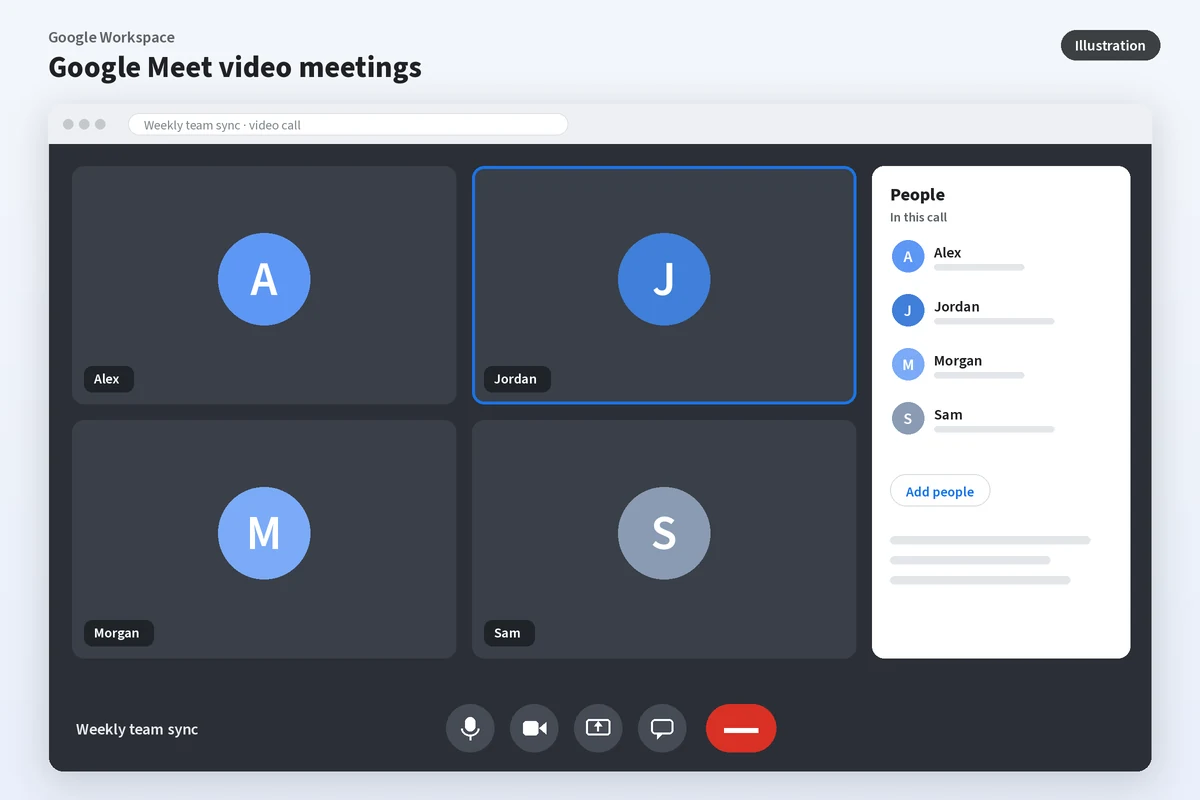 Illustration of a Google Meet-style video meeting with four participants and a people panel.